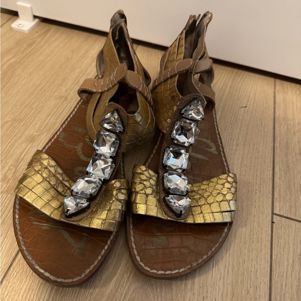 Sam Edelman Gold and Brown Sandals with Gem Accents